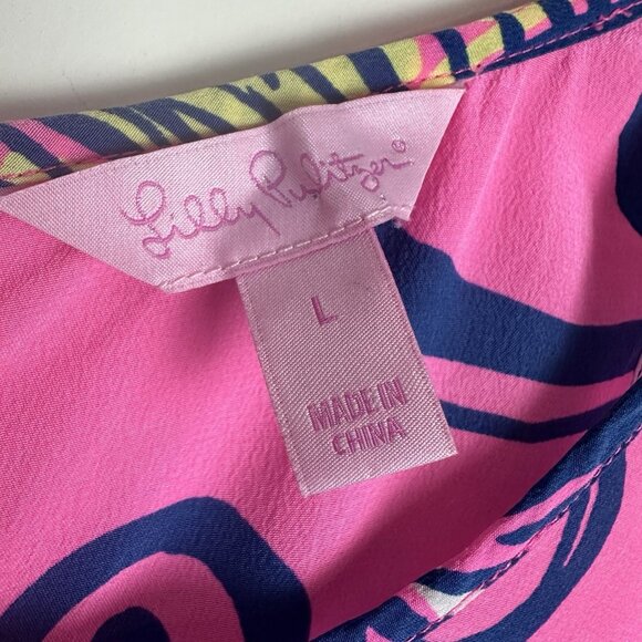 Lilly Pulitzer Women's Tank Top Size L 100% Silk Pink Zip Back Leaf Print‎ - Picture 2 of 8